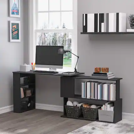Front. Anysun - 360° Rotating L Shaped Corner Computer Desk with Storage Shelves, Versatile Workstation for Home Office - Black.