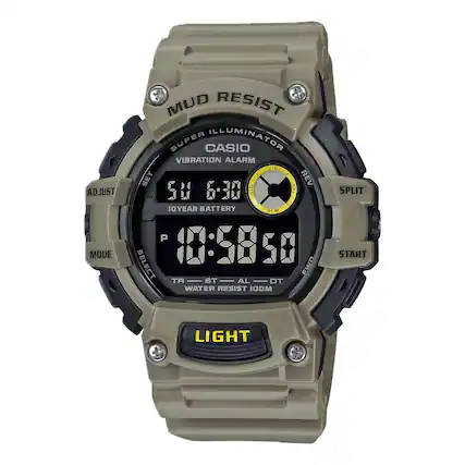 Sure, here is the corrected and grouped text from the image:
- **MUD RESIST**
- **SUPER ILLUMINATOR**
- **VIBRATION ALARM**
- **CASIO**
- **10 YEAR BATTERY**
- **WATER RESIST 100M**
- **LIGHT**
- **ADJUST**
- **MODE**
- **SELECT**
- **TR ST AL DT**
- **START**
- **SPLIT**
- **REV**
- **VIB**
- **ALM**
- **END**
- **50 60 51G**
- **$1:5850**
- **TR-ST-AL-DT**