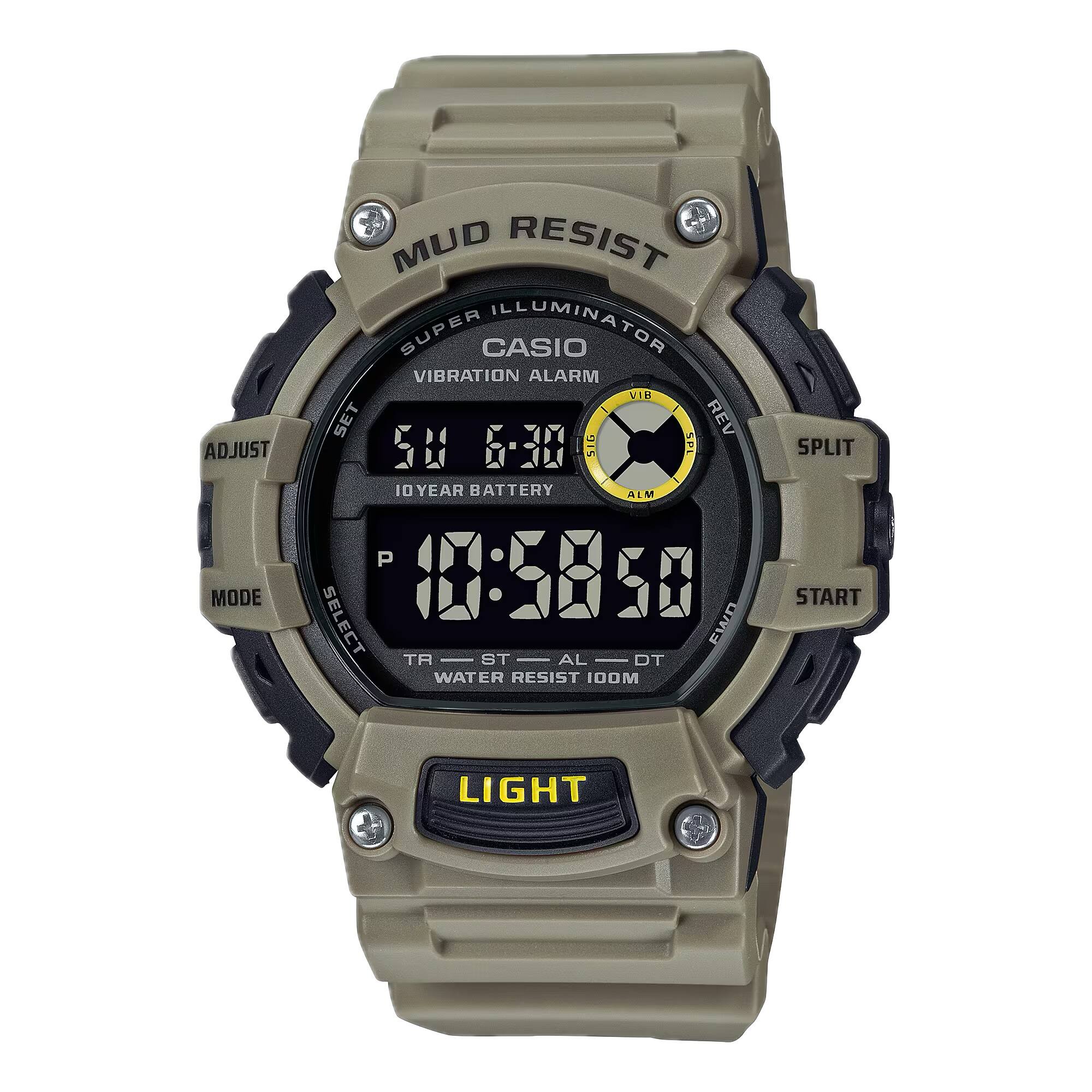 Sure, here is the corrected and grouped text from the image:

- **MUD RESIST**
- **SUPER ILLUMINATOR**
- **VIBRATION ALARM**
- **CASIO**
- **10 YEAR BATTERY**
- **WATER RESIST 100M**
- **LIGHT**
- **ADJUST**
- **MODE**
- **SELECT**
- **TR ST AL DT**
- **START**
- **SPLIT**
- **REV**
- **VIB**
- **ALM**
- **END**
- **50 60 51G**
- **$1:5850**
- **TR-ST-AL-DT**