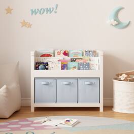 HTUTWOO - Kids 3-Tier Front-Facing Bookshelf with Fabric Bins, Safe Anti-Tip Organizer, for Toddlers, Playroom, Nursery & Bedroom - White