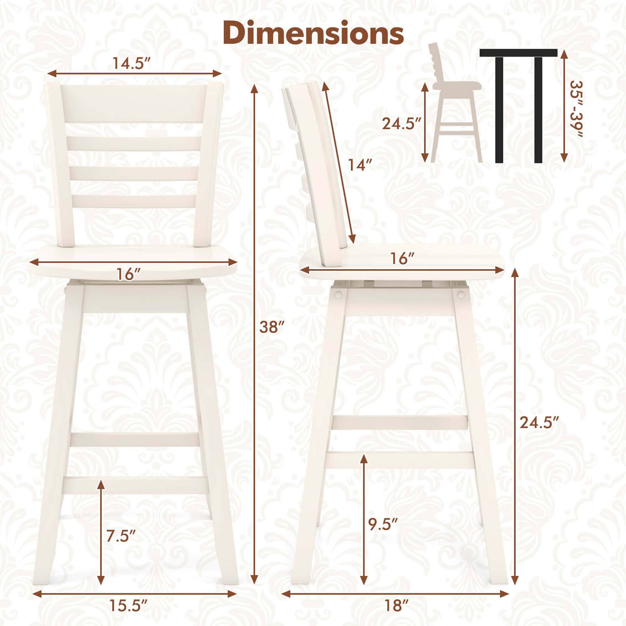 Dimensions: 14.5" 24.5" 14" 35"-39" 16" 16" 38" 24.5" 7.5" 9.5" 15.5" 18".