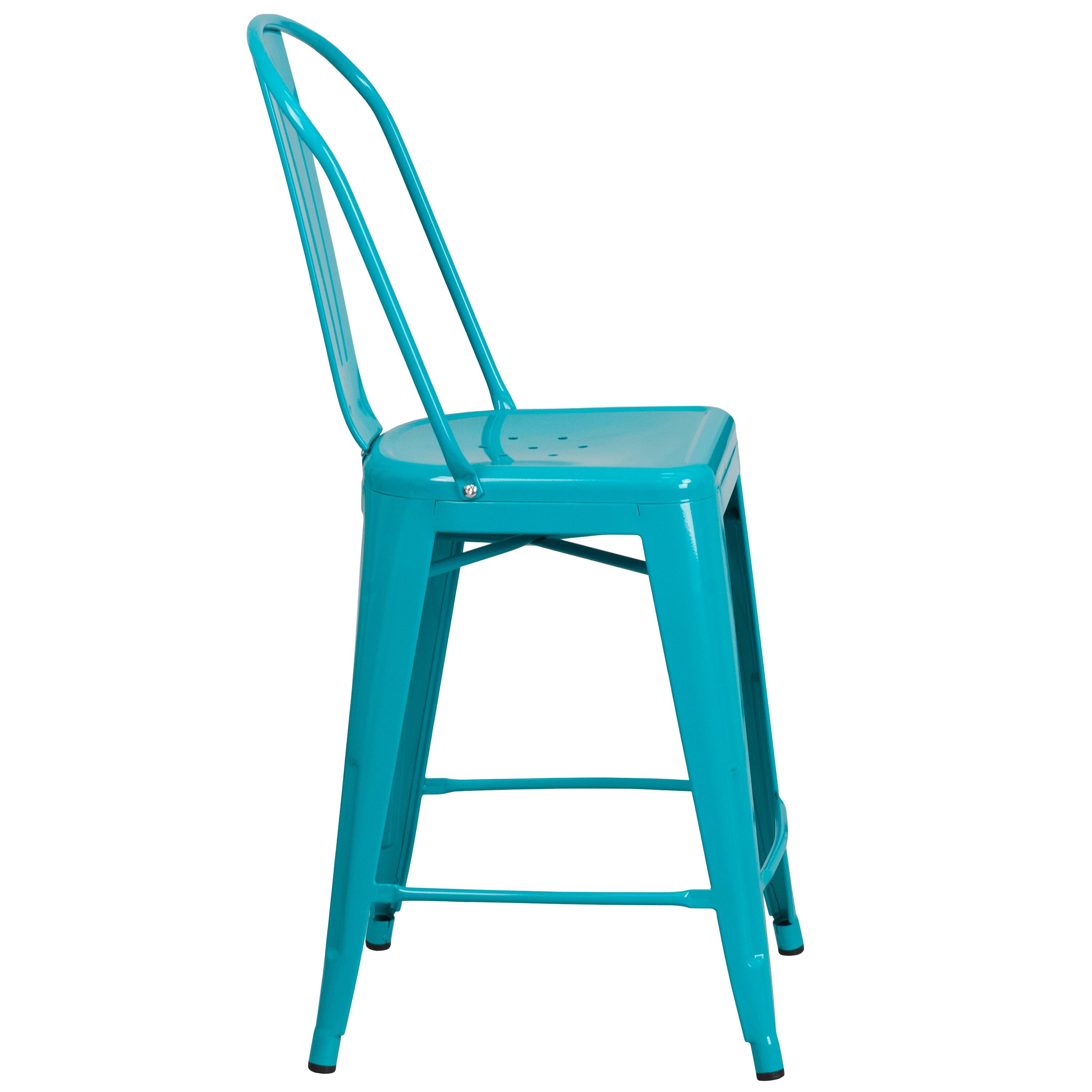 Alt View 7. Emma + Oliver - Commercial Grade 4 Pack 24" High Metal Indoor-Outdoor Counter Height Stool with Back - Crystal Teal-Blue.