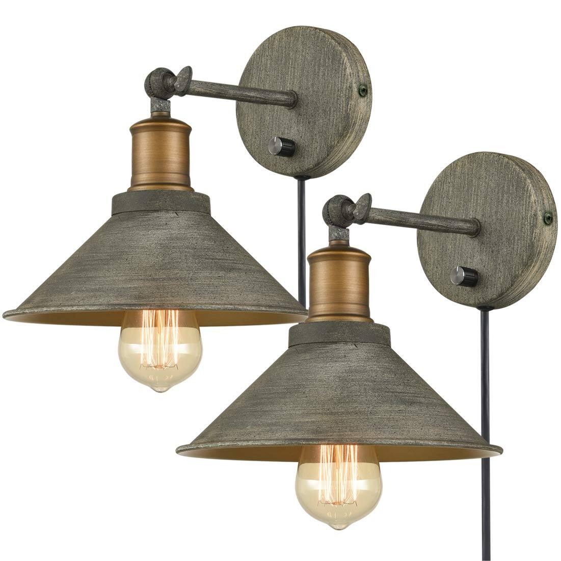 Front. TECH SAFARI - Vintage Farmhouse Wall Sconces HardwiOr Plug in Bedroom Bath Lamps Set Of With On off - dark charcoal gray.