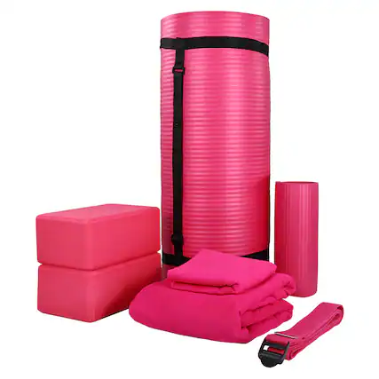 Front. BalanceFrom Fitness - BalanceFrom Fitness 7 Piece Yoga Set with Mat, Stretch Strap, & Knee Pad, Pink - Pink.