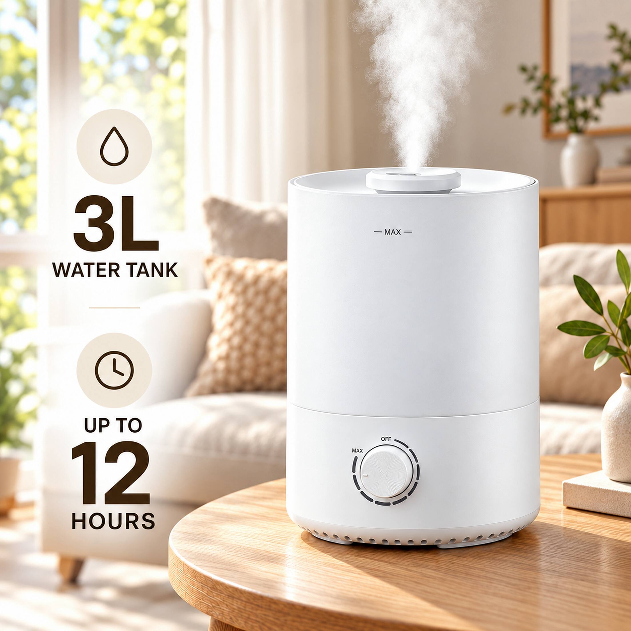 3L WATER TANK
-MAX-
UP TO 12 HOURS
MAX
OFF
