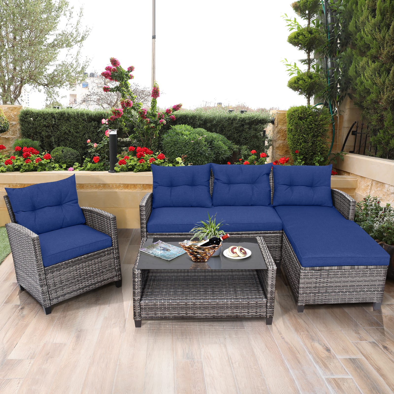 Front. Costway - Costway 4PCS Patio Rattan Furniture Set with Sofa Ottoman Cushion for Garden Deck - Mix Gray + Navy.