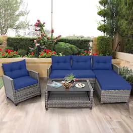 Costway - 4PCS Patio Rattan Furniture Set with Sofa Ottoman Cushion for Garden Deck - Mix Gray + Navy