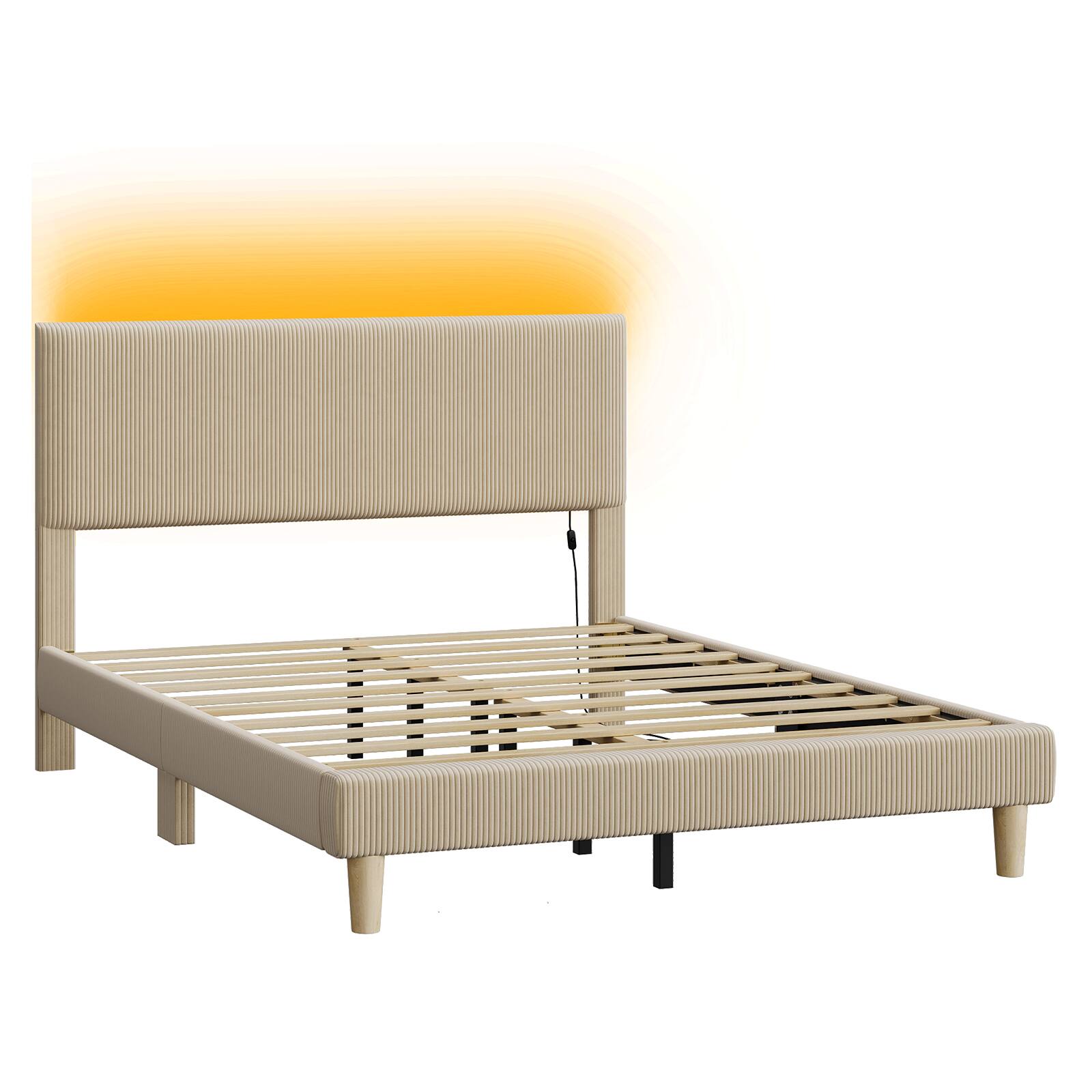 Angle. Bestier - Queen Size Upholstered Bed Frame with LED Lights, Adjustable Headboard - Taupe.