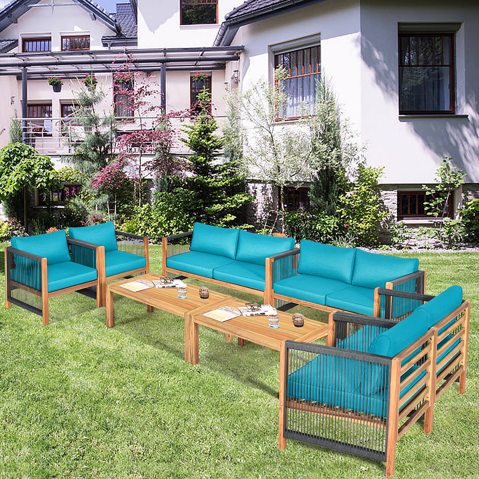 Alt View 1. Costway - Costway 8PCS Wooden Patio Furniture Set Cushioned Sofa W/Rope Armrest - Turquoise.