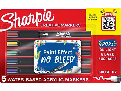 Sharpie Creative Markers
Paint Effect No Bleed
5 Water-Based Acrylic Markers
Pops on Light & Dark Surfaces
Brush Tip
Scan to See Them in Action