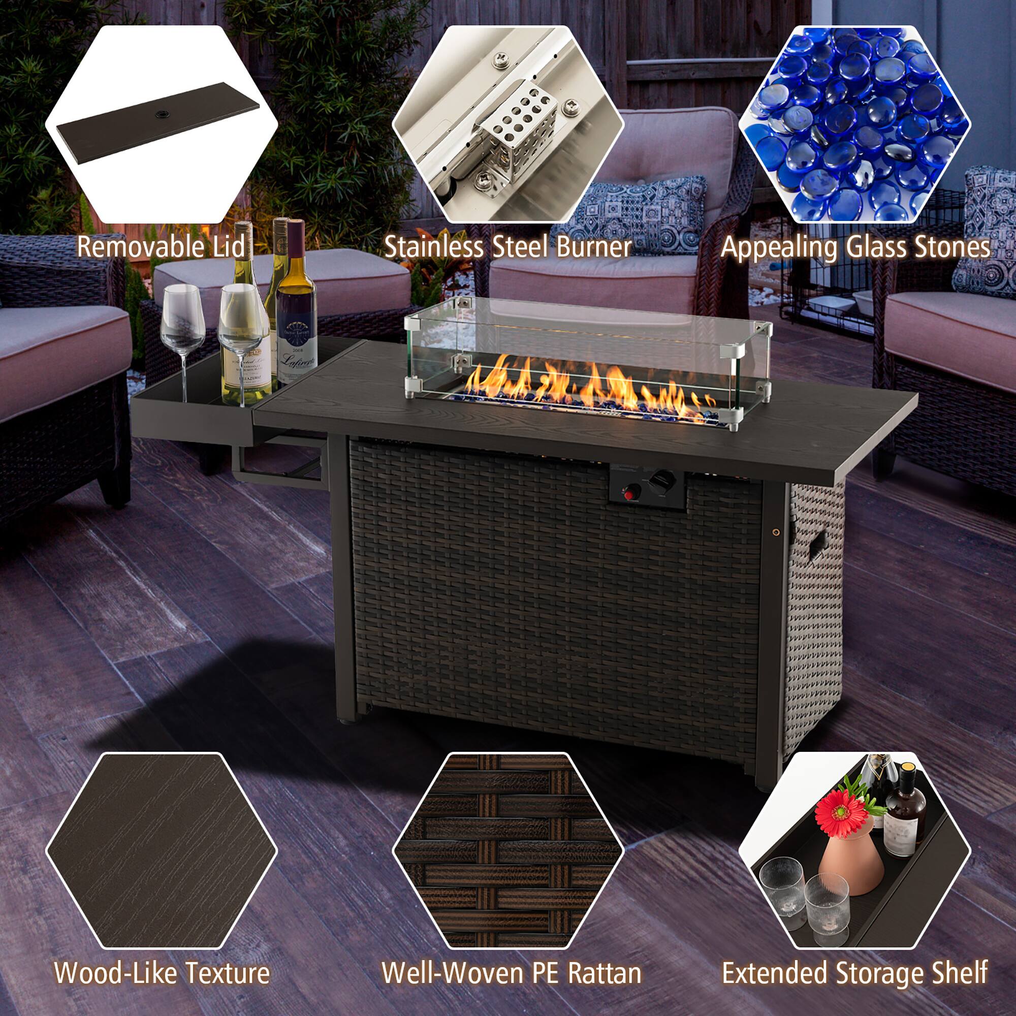 - Removable Lid
- Stainless Steel Burner
- Appealing Glass Stones
- Wood-Like Texture
- Well-Woven PE Rattan
- Extended Storage Shelf