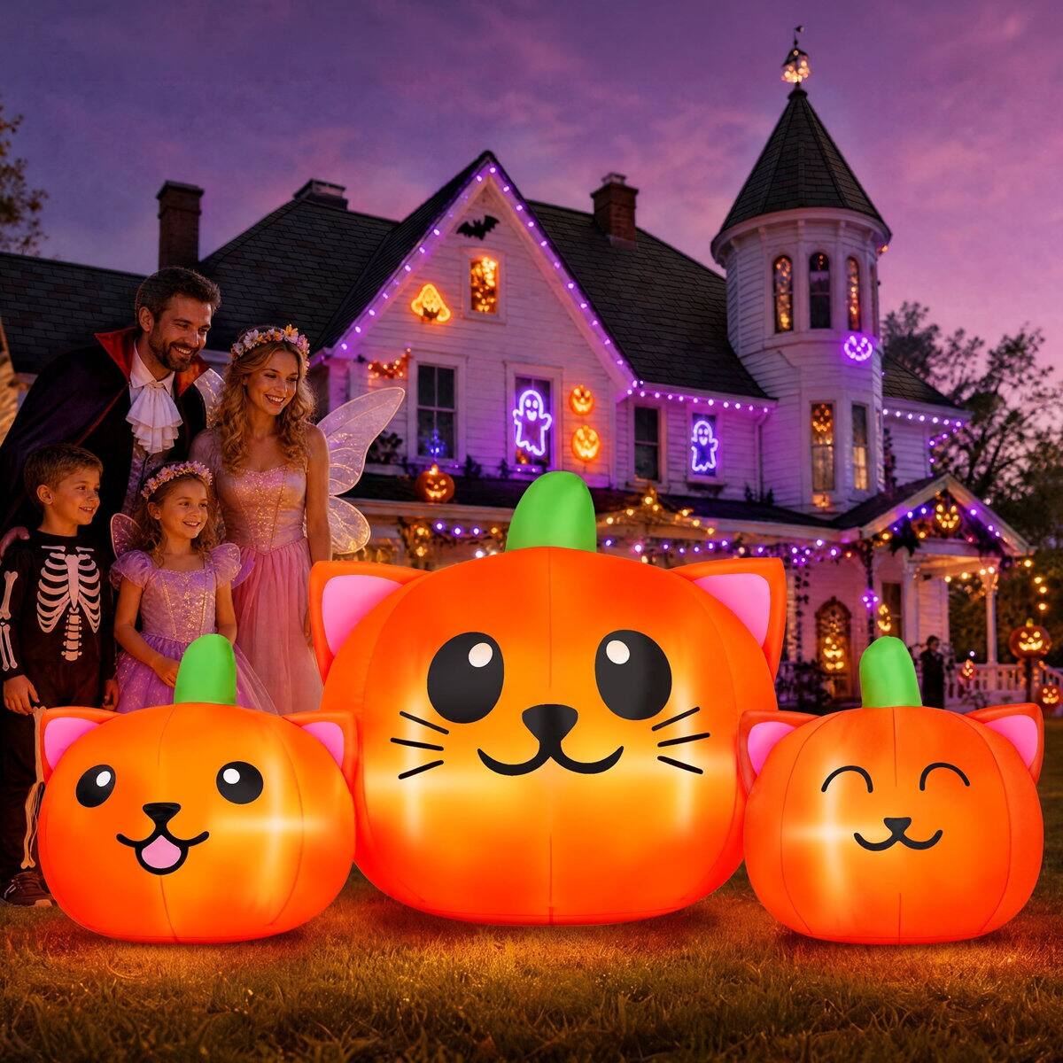 Left. Wisairt - 6.2ft Inflatable Pumpkin Cat with Lights - Outdoor Halloween Yard Decor - Green|White|Red.