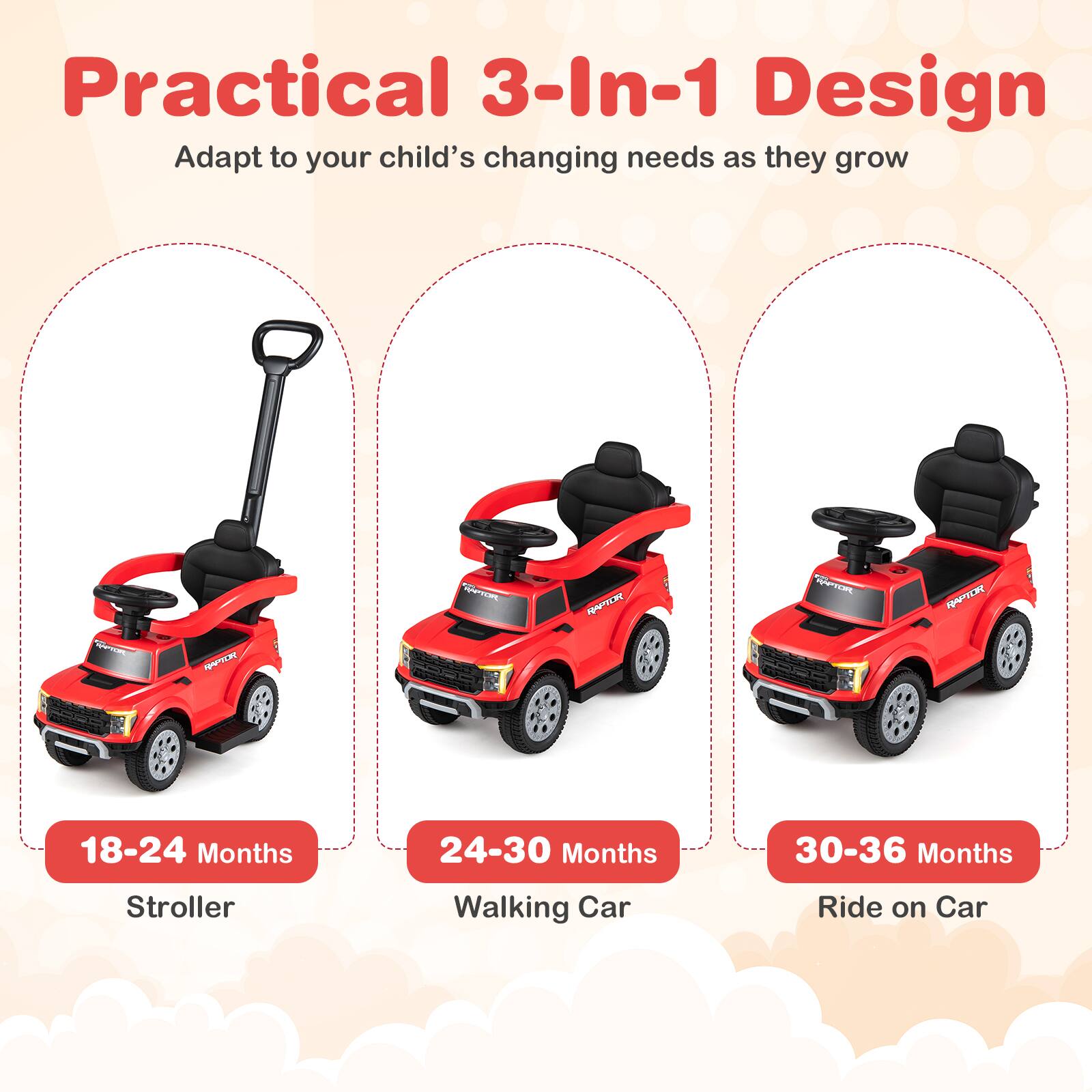 Practical 3-In-1 Design  
Adapt to your child's changing needs as they grow  

18-24 Months  
Stroller  

24-30 Months  
Walking Car  

30-36 Months  
Ride on Car