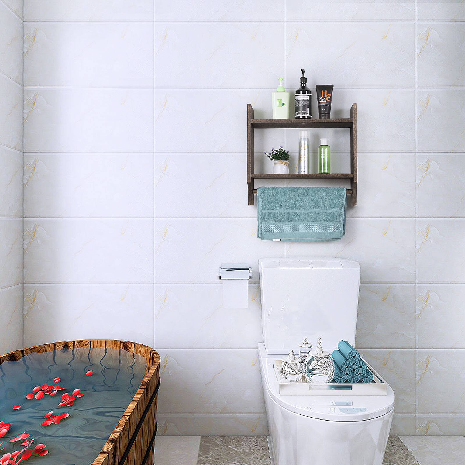 Alt View 2. Oumilen - Dark Brown Wood Wall Mounted Bathroom Shelf with Towel Bar – 2‑Tier Storage Organizer - Dark Brown.