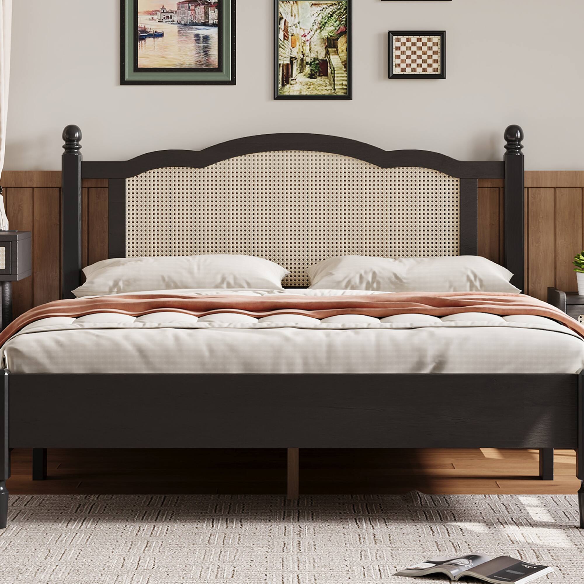 Alt View 7. GOODSILO - Vintage Rattan Headboard Queen Size Platform Bed Frame with Wooden Slat Support - Black.