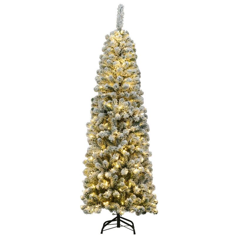 Alt View 4. WELLFOR - 6ft Prelit Snow Flocked Artificial Pencil Christmas Tree with Warm White Lights, 500 Full Branch Tips - Green.