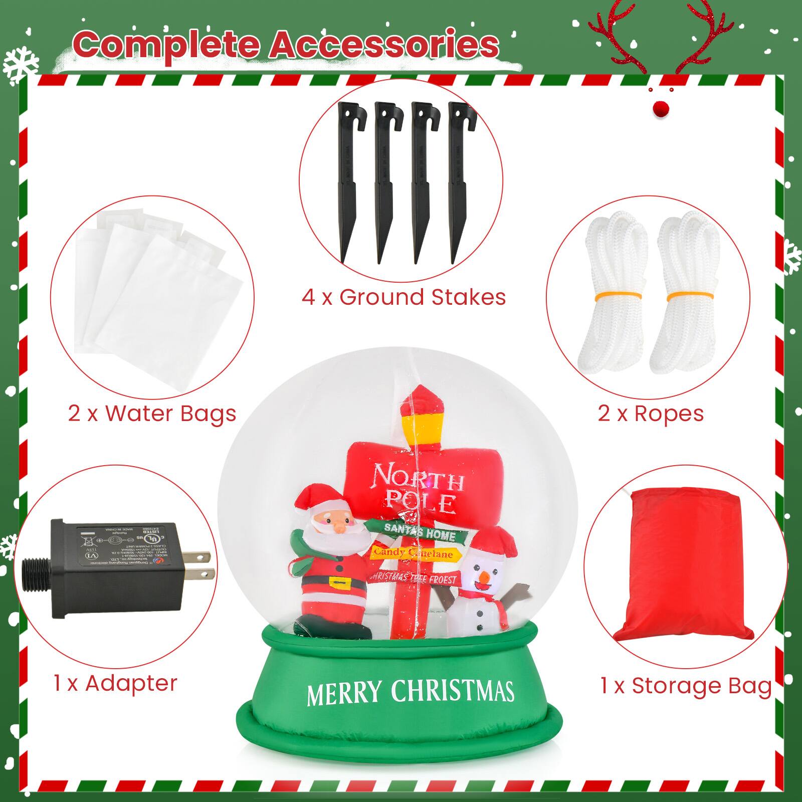 Complte Accessories: 4 X Ground Stakes, 2 X Water Bags, 2 X Ropes, 1 X Adapter, 1 X Storage Bag, Merry Christmas.