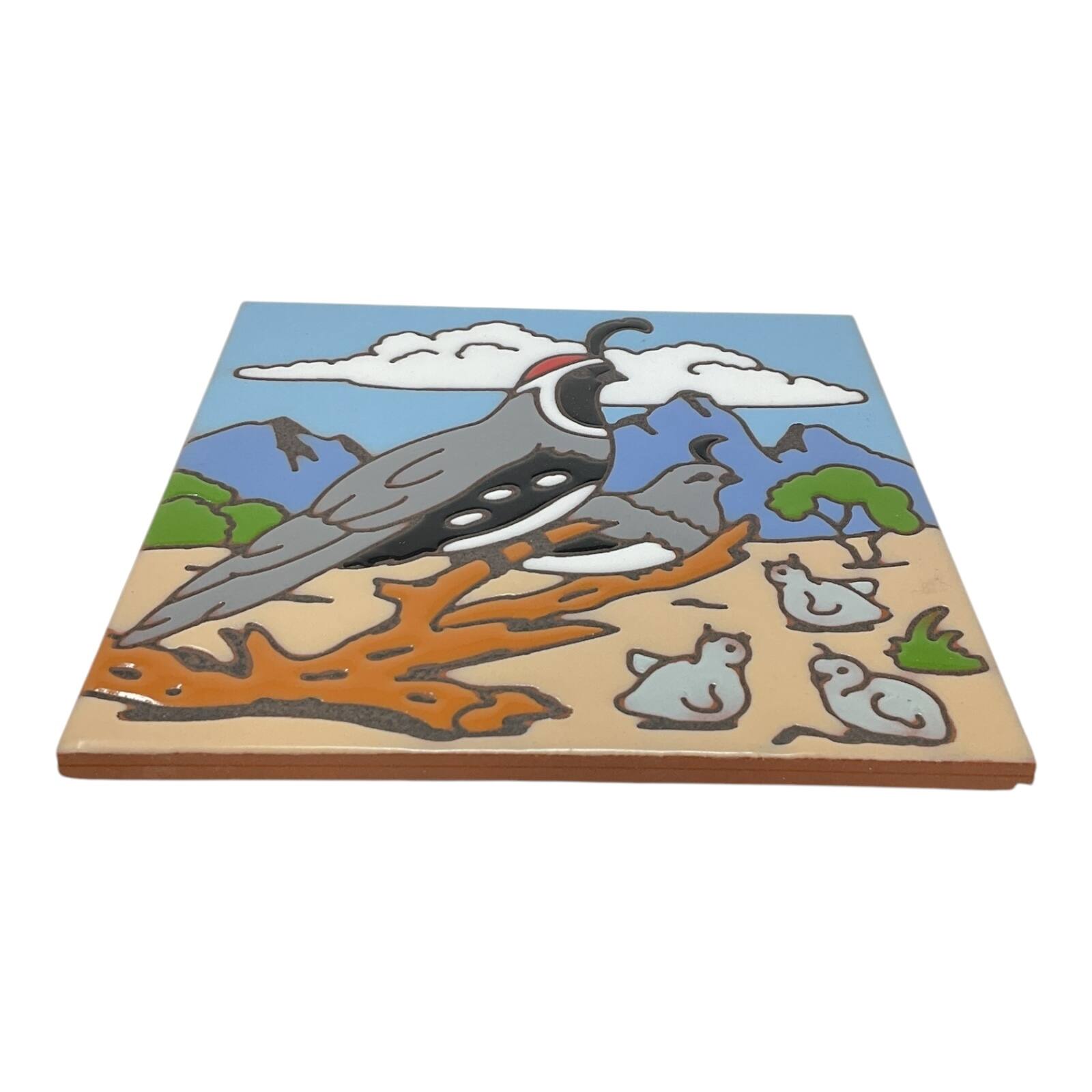 Angle. Earthtones Tile - Earthtones Quail with Babies Southwest 6X6 Hand Glazed Decorative Tile or Kitchen Trivet - Multicolor.