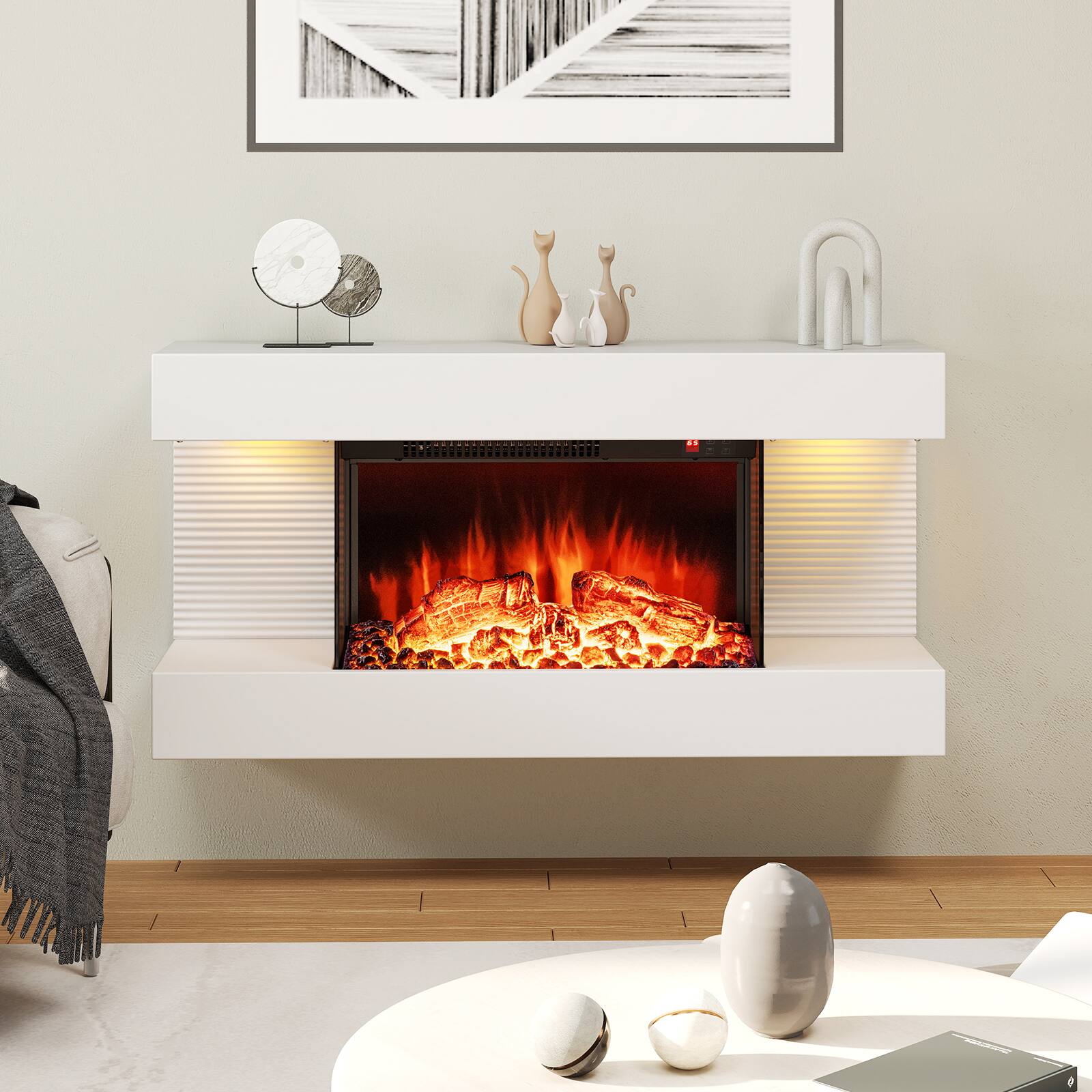 Alt View 1. Gymax - Gymax 18'' Electric Fireplace w/ 32'' Floating Mantel 12-Color Dimmable Flame 8H Timer - White.