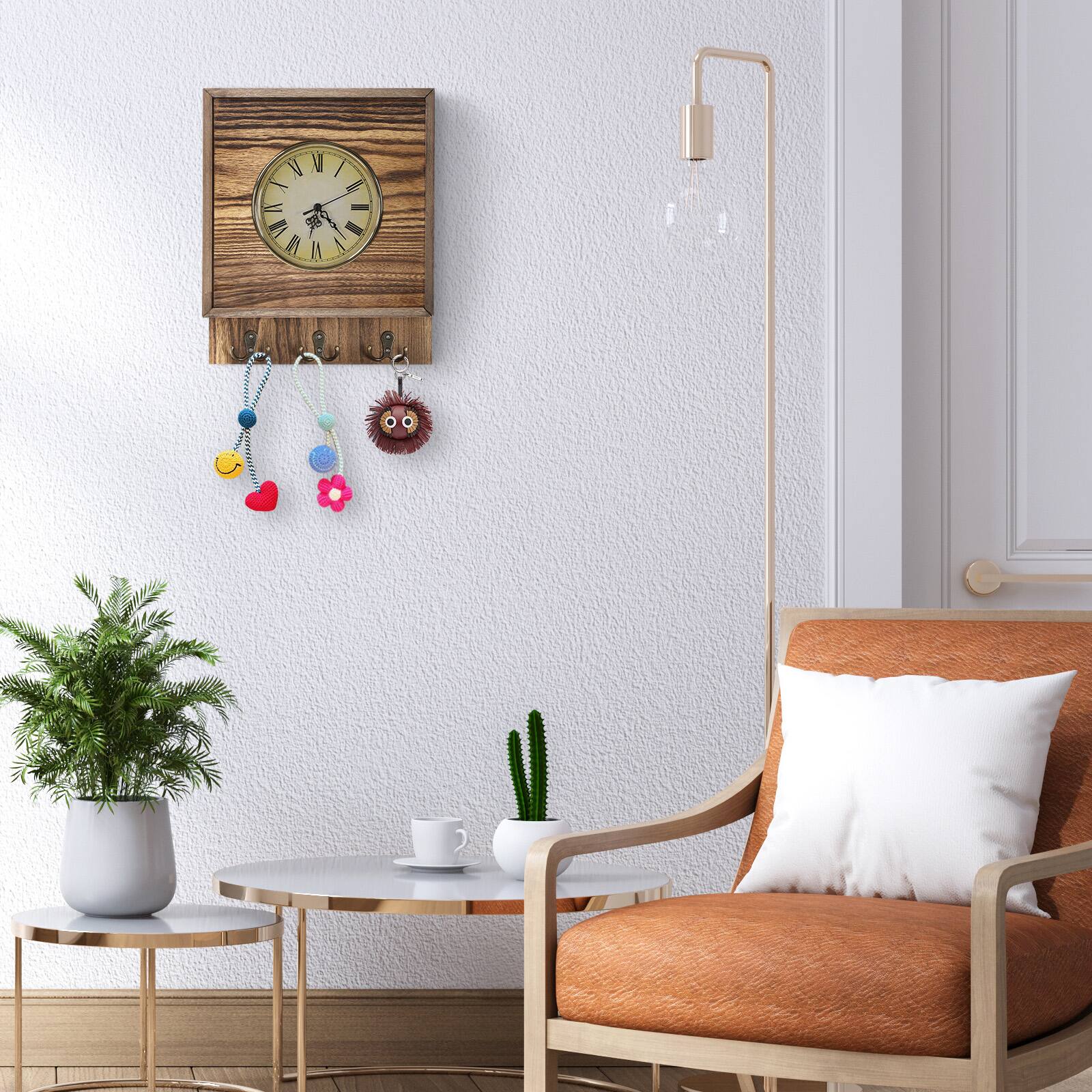 Alt View 3. Oumilen - Retro Wooden Wall Clock with Hidden Sliding Storage Cabinet & 3 Metal Hooks, Rustic Brown for Entryway Hallway - Light Brown.