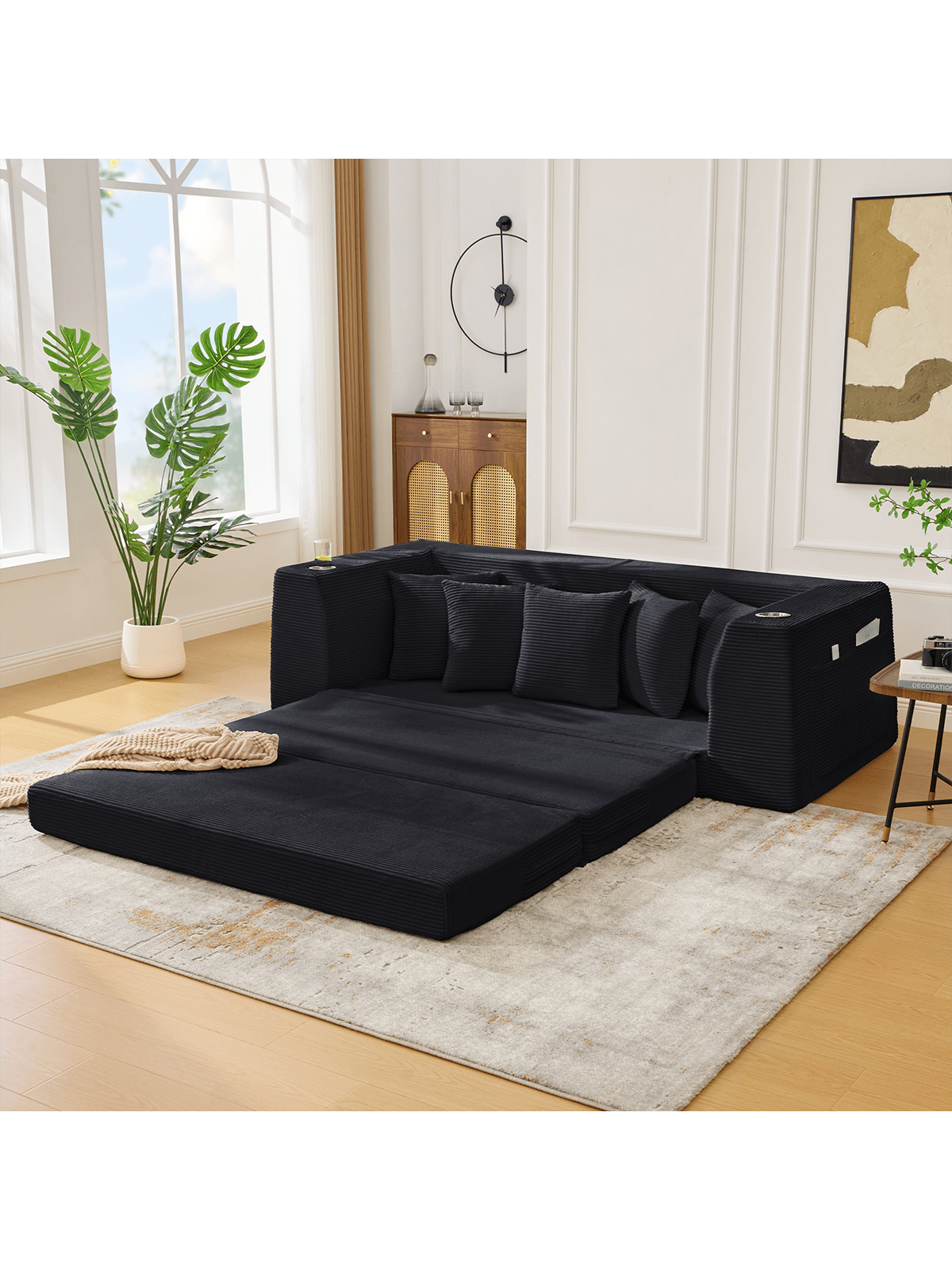 Alt View 5. Trinkets Crazed - 82.25" Convertible Sofa Bed, Loveseat Sleeper Sofa, 2 In 1 Sofa, Corduroy Pull Out Sofa Bed, 5 Pillows, Side Pocket - Black.