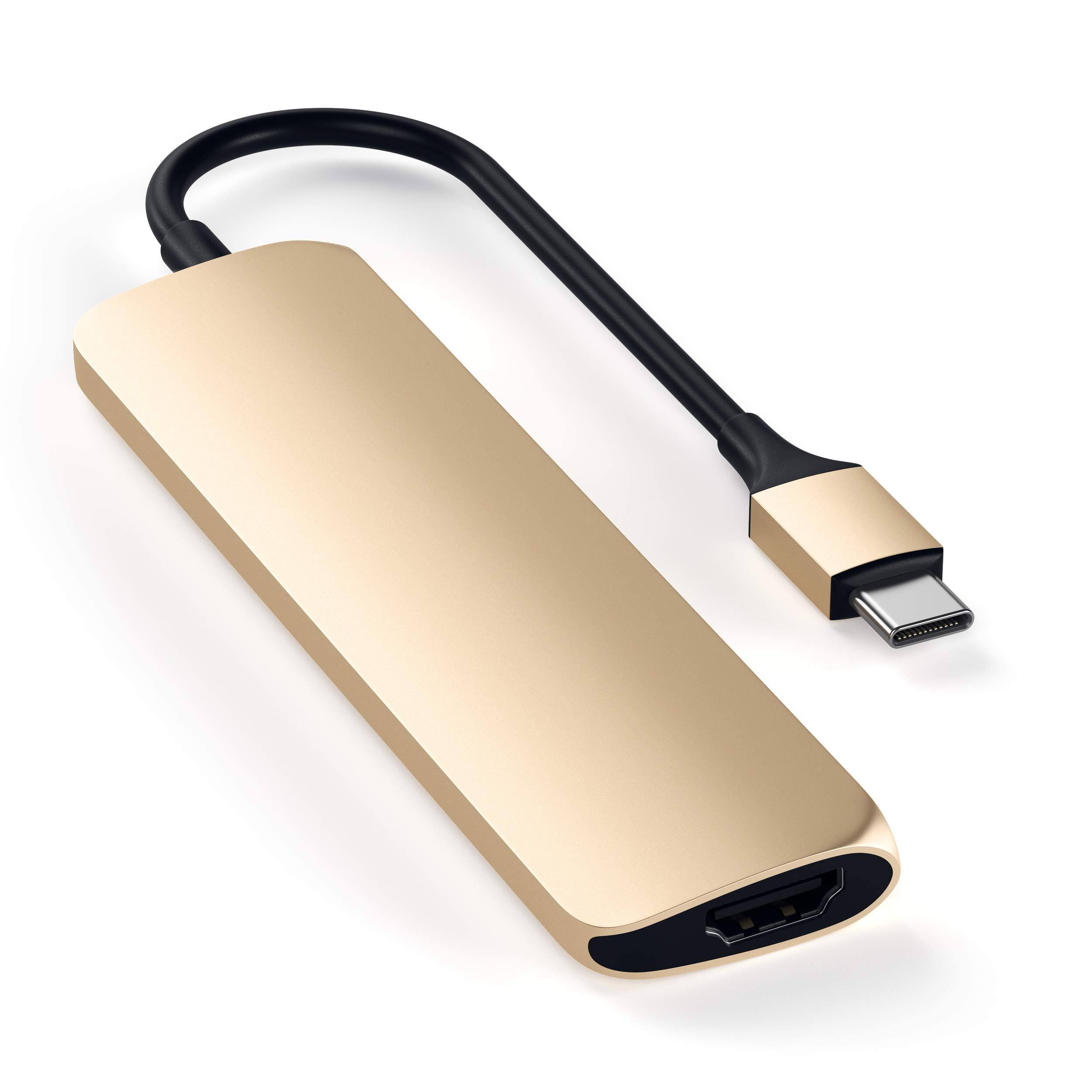 Left. Satechi - USB-C Multiport Adapter Slim Classic - 4K HDMI, 60W PD Charging, 2 USB-A for MacBook Air/Pro, Dell, HP - Gold.