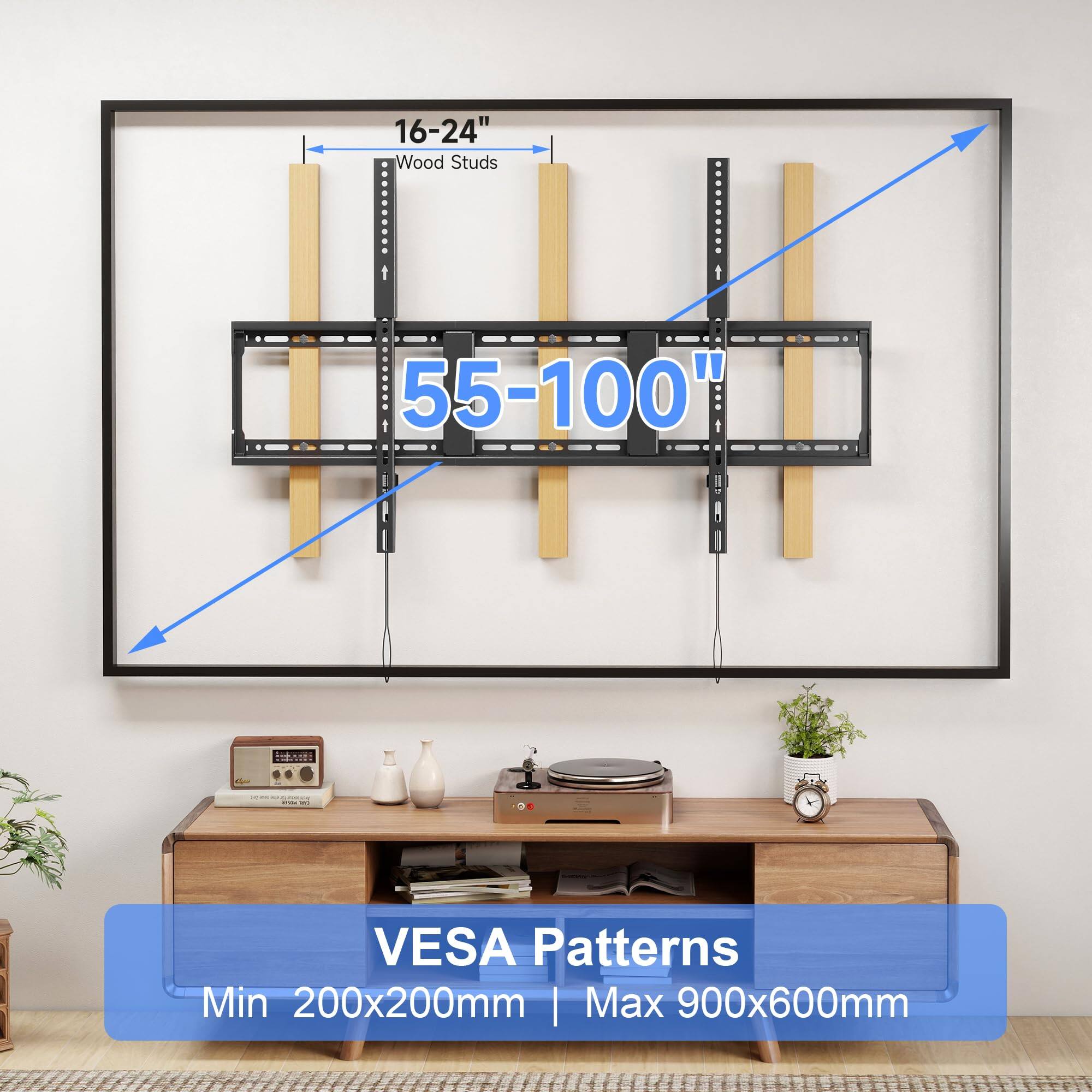 16-24" Wood Studs  
55-100"  
VESA Patterns  
Min 200x200mm | Max 900x600mm