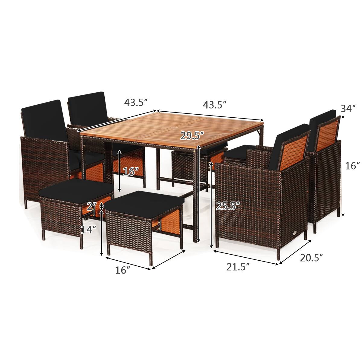 The text on the image reads: "43.5" 43.5" 34" 29.5" 16" 16" 2" 25.5" 14" 16" 21.5" 20.5"". This text is likely describing the dimensions of the table and chairs in the image. The table is 43.5 inches in diameter, and the chairs are 29.5 inches in height. The chairs are also 16 inches wide, and the cushions are 2 inches thick. The table is accompanied by four chairs, each with a cushion.