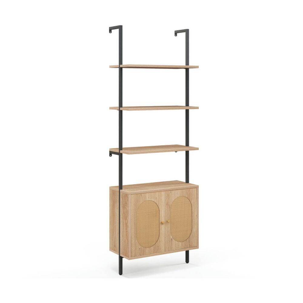 Front. Pefilos - 71 Inch 6-Tier Wall Mounted Ladder Bookshelf with Rattan Cabinet-Natural, Tall Bookshelf, Shelves for Living Room - Brown.