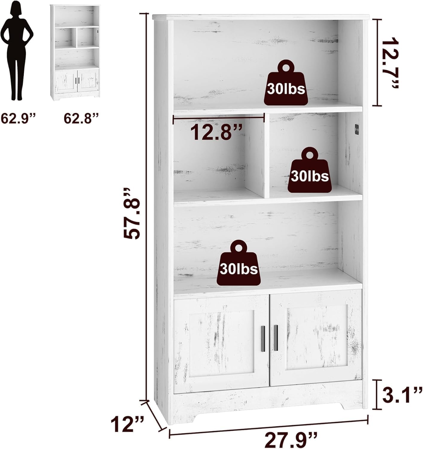 62.9"  
62.8"  
30lbs  
12.8"  
12.7"  
7.8"  
57"  
30lbs  
30lbs  
12"  
27.9"  
3.1"