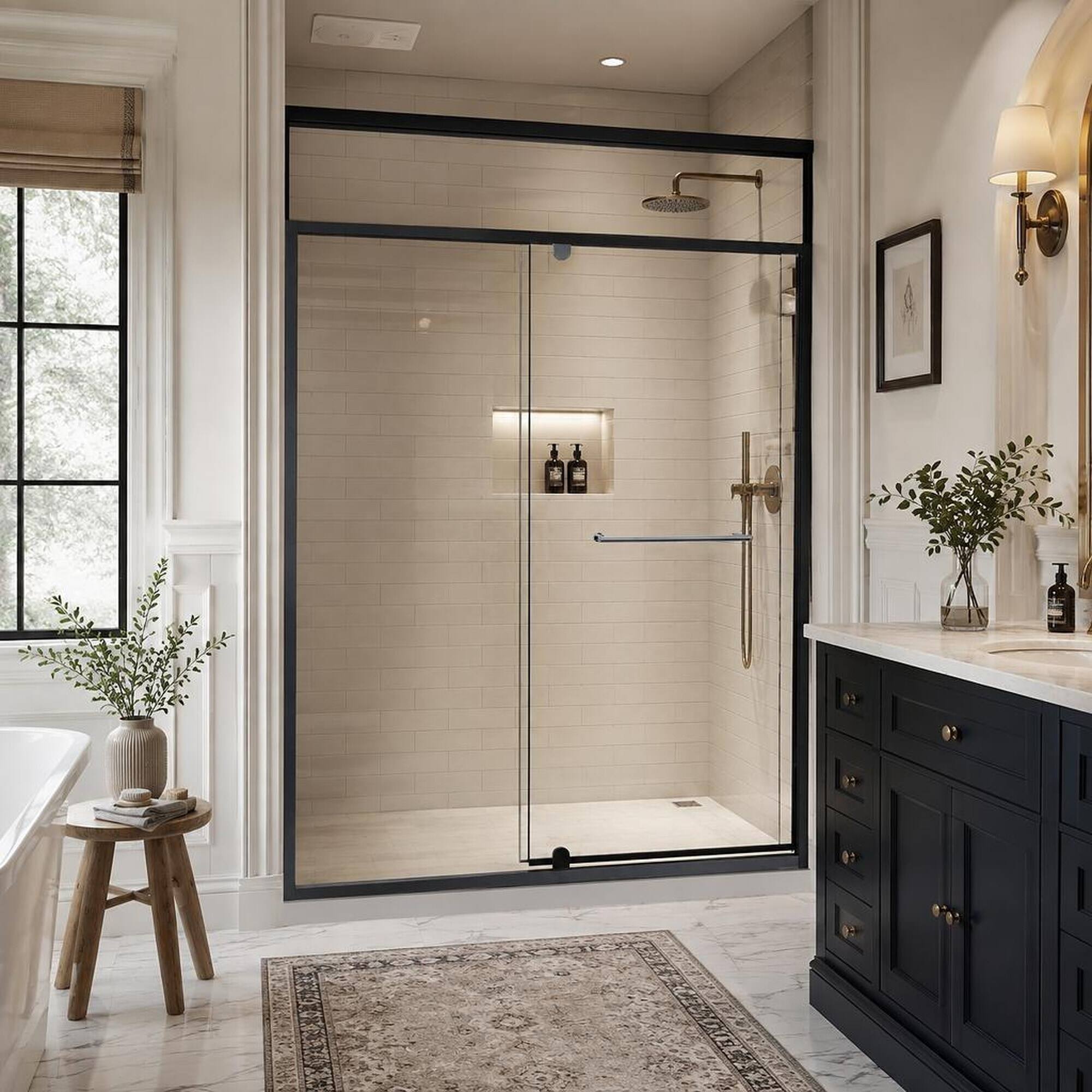 Angle. RYHNUYNE - 56-60 In W X 72 In H Pivot Shower Door, 1/4 In Clear Tempered Glass With Stainless Steel Handle Black Finish - Matt Black.
