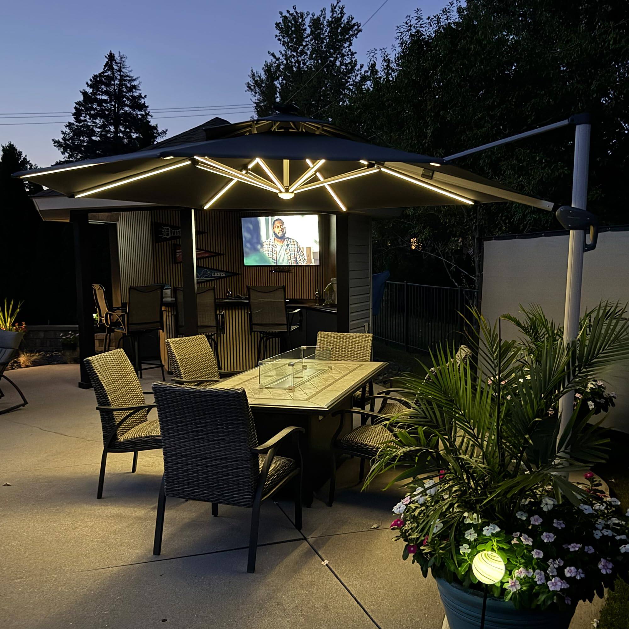 Angle. PURPLE LEAF - 12 ft. Patio Octagon Aluminum Solar Powered LED Cantilever Outdoor Offset Umbrella with Base for Garden Deck Pool - Gray.