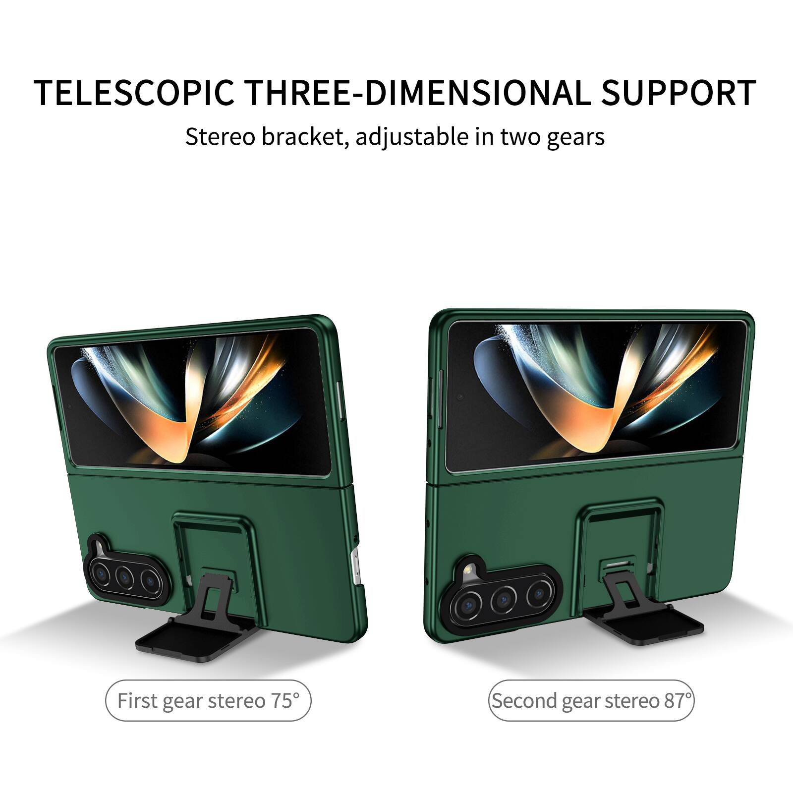 TELESCOPIC THREE-DIMENSIONAL SUPPORT  
Stereo bracket, adjustable in two gears  
First gear stereo 75°  
Second gear stereo 87°