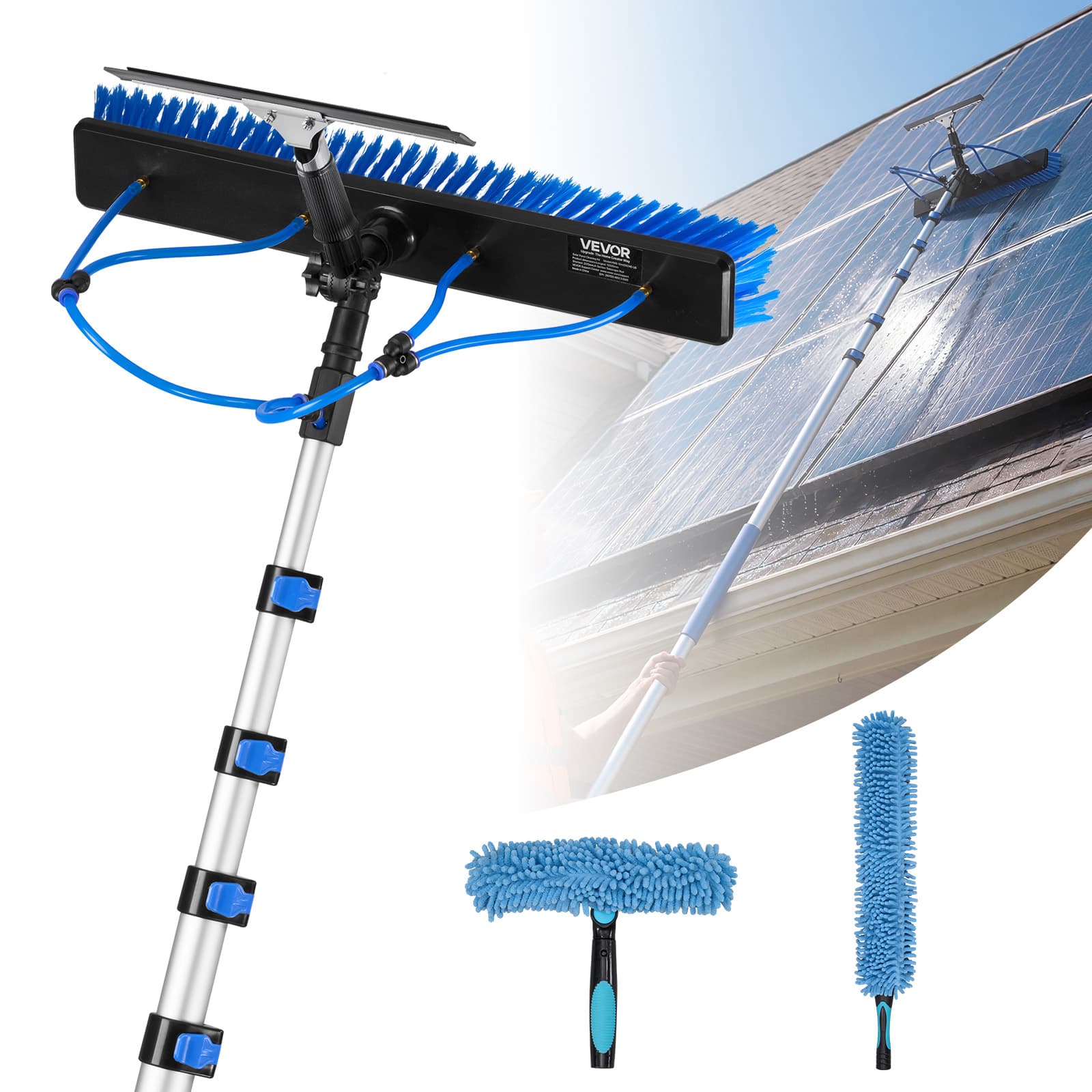 VEVOR - Solar Panel Cleaning Kit, 33 ft, Water Fed Pole Kit with Cleaning Brush, Squeegee, Soap Dispenser, Extendable Aluminum - Silver + Blue