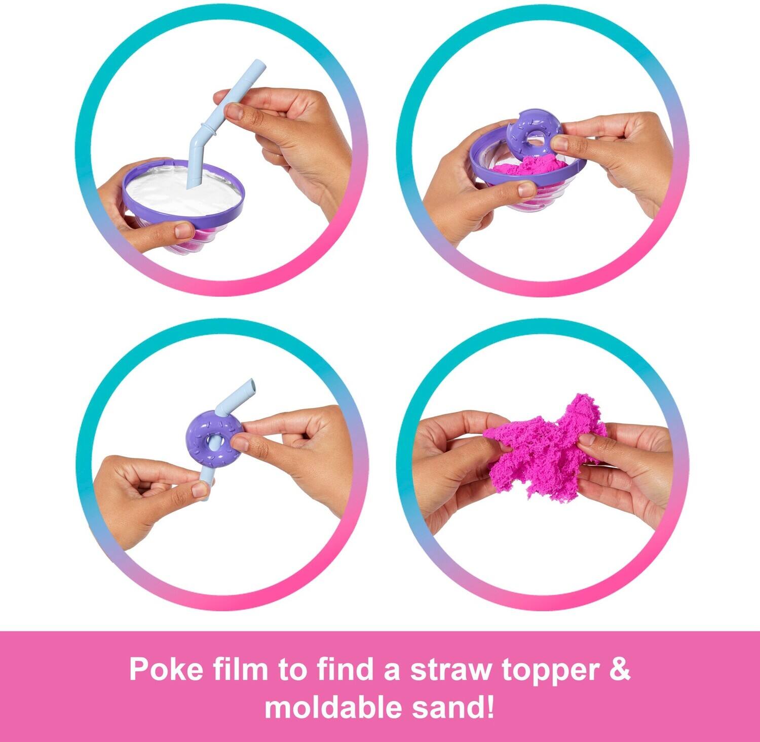 Poke film to find a straw topper & moldable sand!
