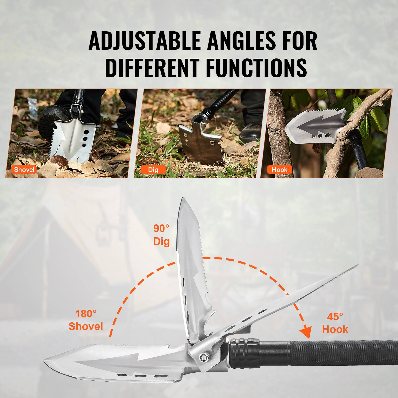 ADJUSTABLE ANGLES FOR DIFFERENT FUNCTIONS

- Shovel
- Dig
- Hook

90° Dig
180° Shovel
45° Hook