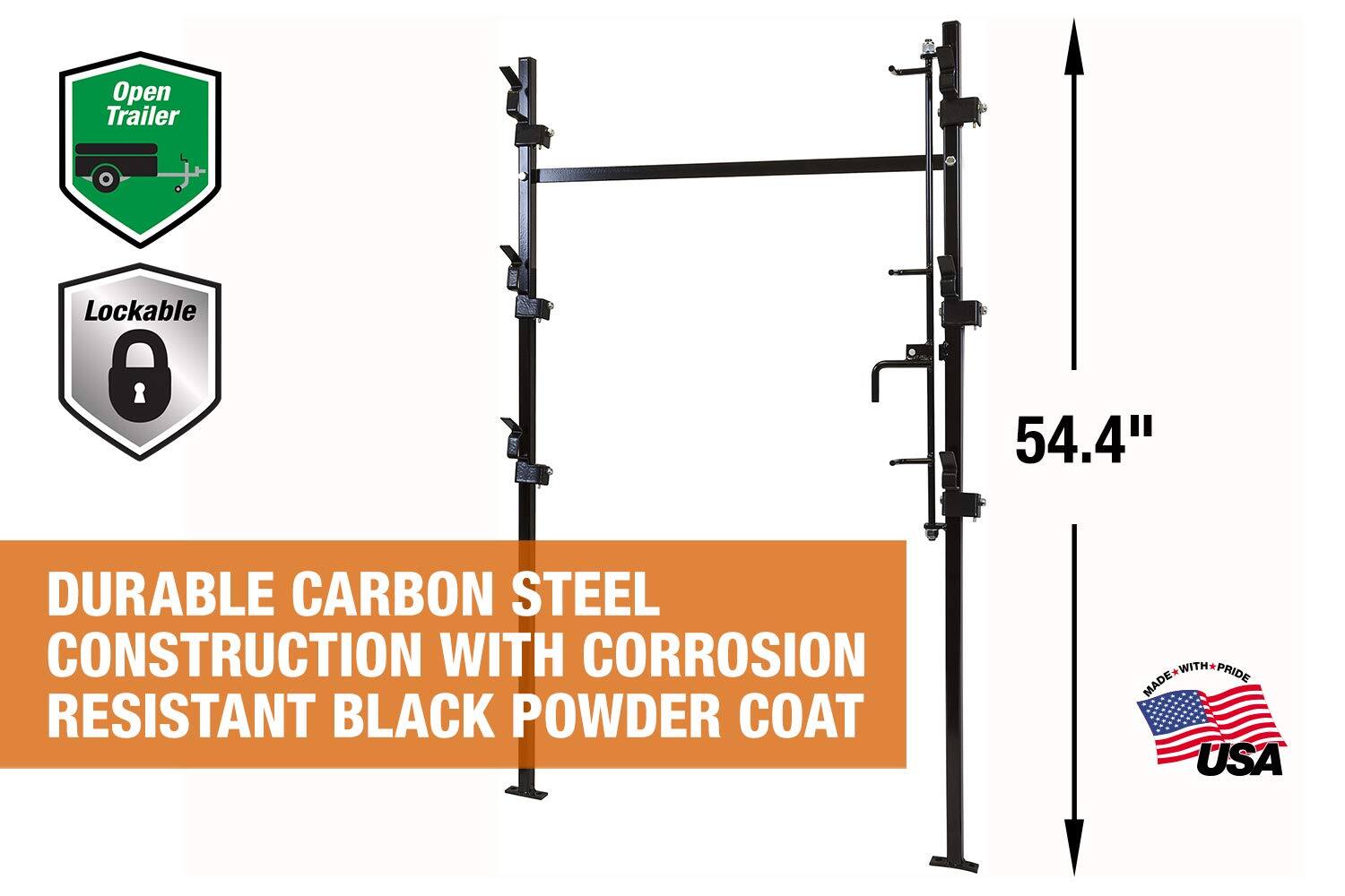 - Open Trailer
- Lockable
- 54.4"
- DURABLE CARBON STEEL CONSTRUCTION WITH CORROSION RESISTANT BLACK POWDER COAT
- MADE WITH PRIDE USA