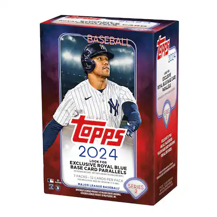 Sure, here is the corrected and grouped text from the image:
---
**Topps 2024**
**Baseball**
**Exclusive Royal Blue Base Card Parallels**
**Look for Exclusive Royal Blue Base Card Parallels**
**7 Packs - 12 Cards per Pack**
**Series 2**
**Look for Exclusive Royal Blue Base Card Parallels**
**7 Packs - 12 Cards per Pack**
**Major League Baseball**
**Officially Licensed Product of Major League Baseball**
**Visit Topps.com for more details and inserts.**
**Exclusive to this box:**
**And all other retail boxes**
**Holographic Base Cards**
**For all 30 Cards**
**Topps 2024**
**Baseball**
**Exclusive Royal Blue Base Card Parallels**
**7 Packs - 12 Cards per Pack**
**Series 2**
**Look for Exclusive Royal Blue Base Card Parallels**
**7 Packs - 12 Cards per Pack**
**Major League Baseball**
**Officially Licensed Product of Major League Baseball**
**Visit Topps.com for more details and inserts.**
**Exclusive to this box:**
**And all other retail boxes**
**Holographic Base Cards**
**For