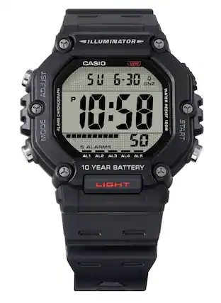 ILLUMINATOR ADJUST MODE CASIO WR 5U 6-30 SNZ P WATER CHRONOGRAPH 10:58 RESIST ALARM 100M 5 ALARMS 50 AL1 AL2 AL3 AL4 AL5 START 10 YEAR BATTERY LIGHT