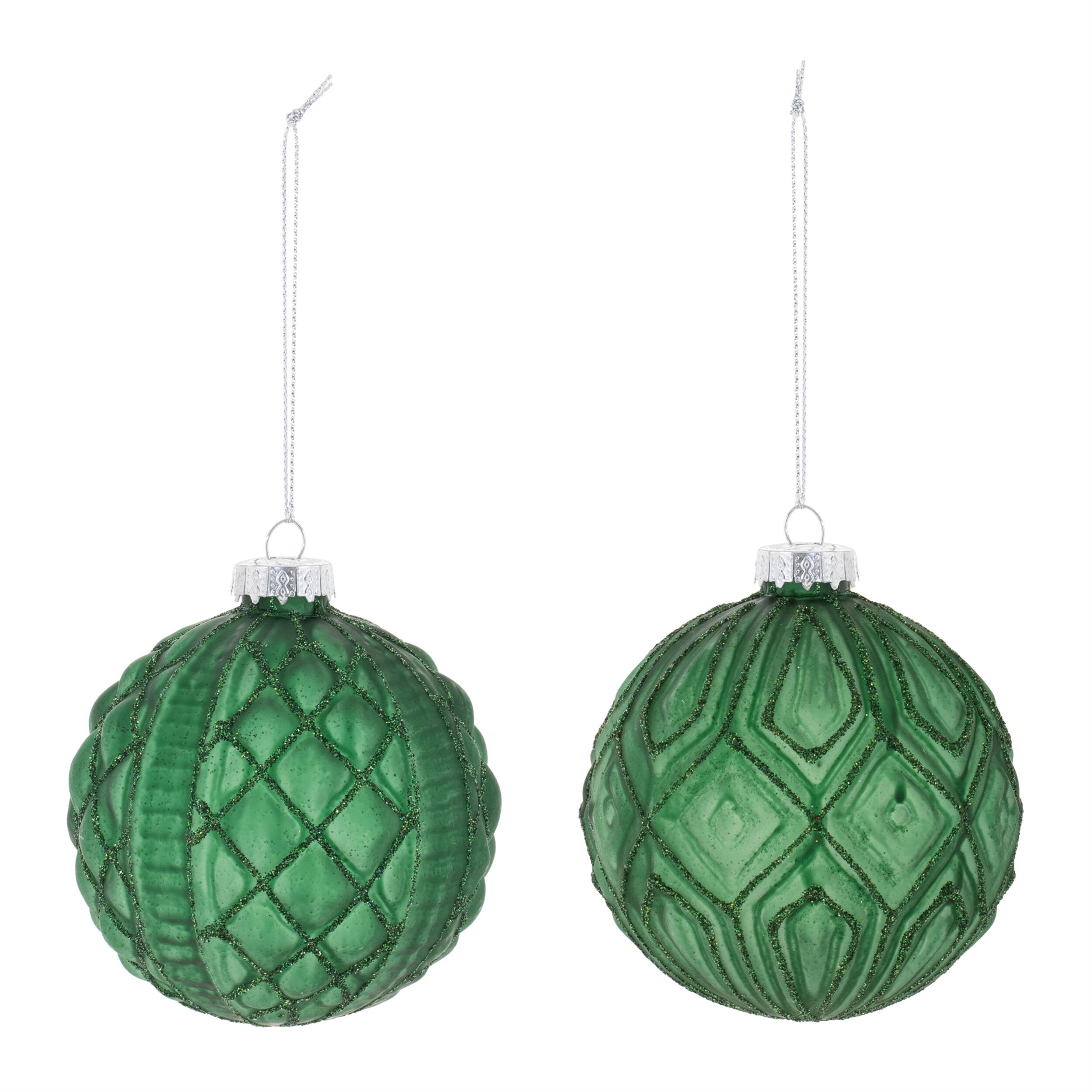 Angle. BreeBe - Glitter Frosted Glass Ball Ornament (Set of 12) - Green.