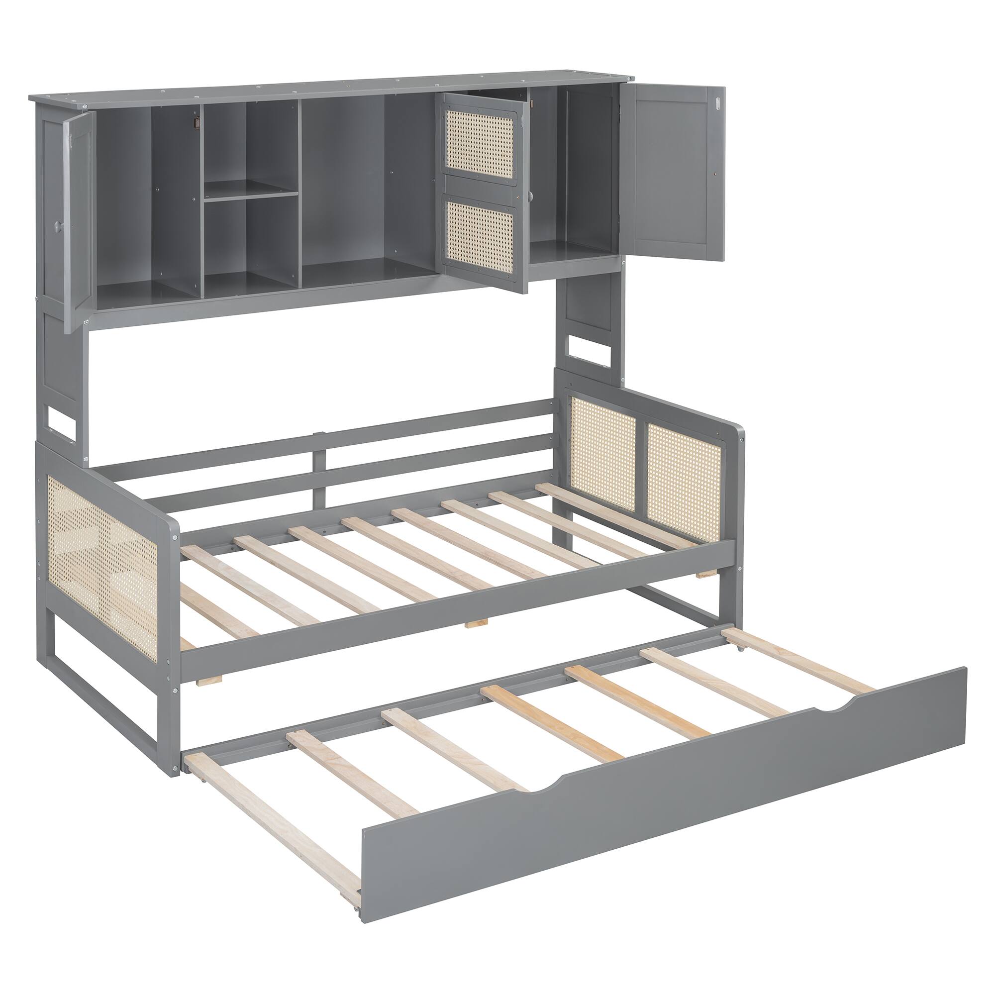 Alt View 9. Tiramisubest - Twin Size Wooden Daybed With Twin Size Trundle, and All-in-One Cabinet and Shelf, Gray - Gray.