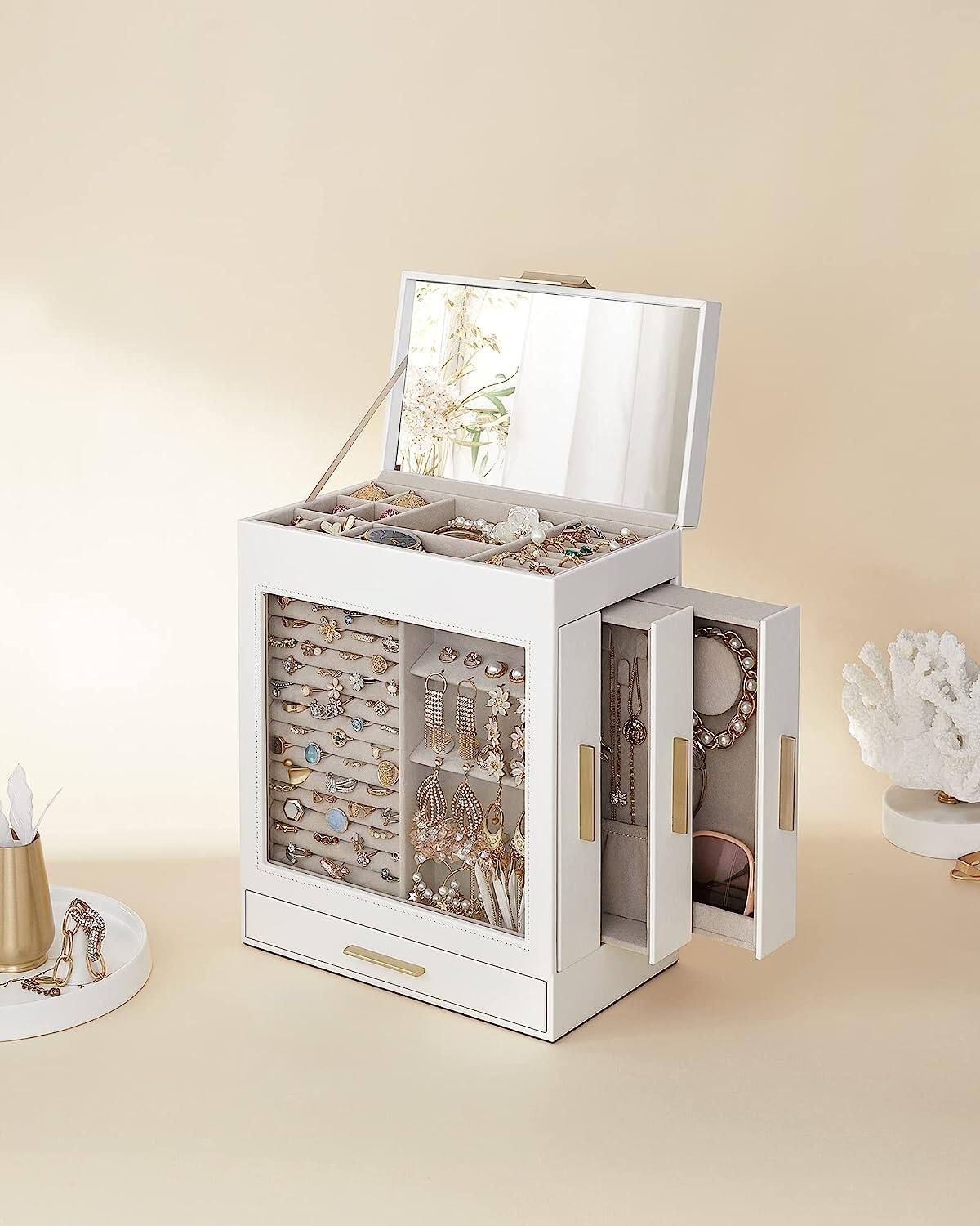 Alt View 1. Songmics Home - 5-Layer Modern Jewelry Organizer with 3 Side Drawers and Large Mirror - Cloud White and Metallic Gold - White.