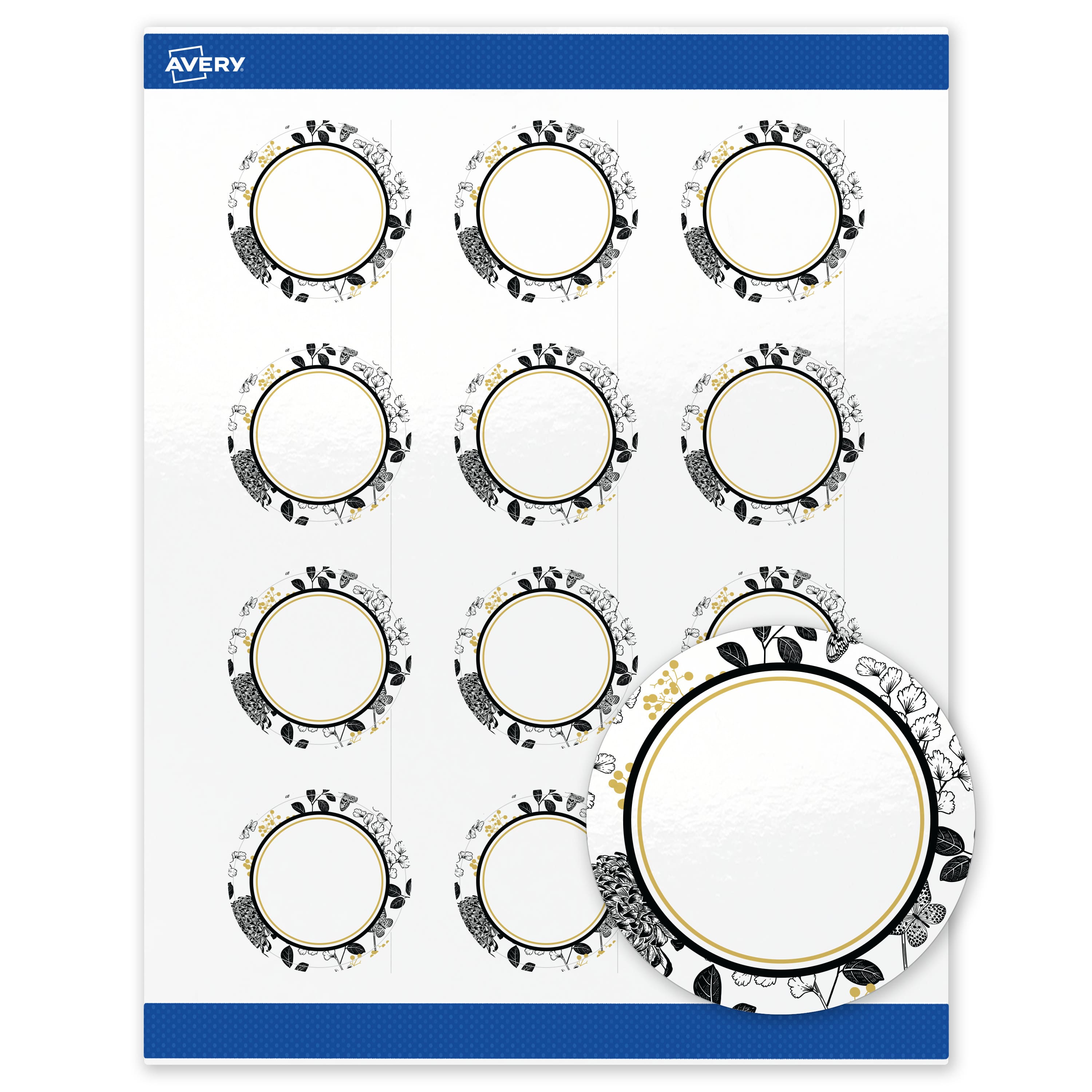"Avery - Labels, 2"" Diameter, Glossy Arched Gold & Black Florals - White" price history on PriceWatchPro