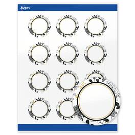 Avery - Labels, 2" Diameter, Glossy Arched Gold & Black Florals - White