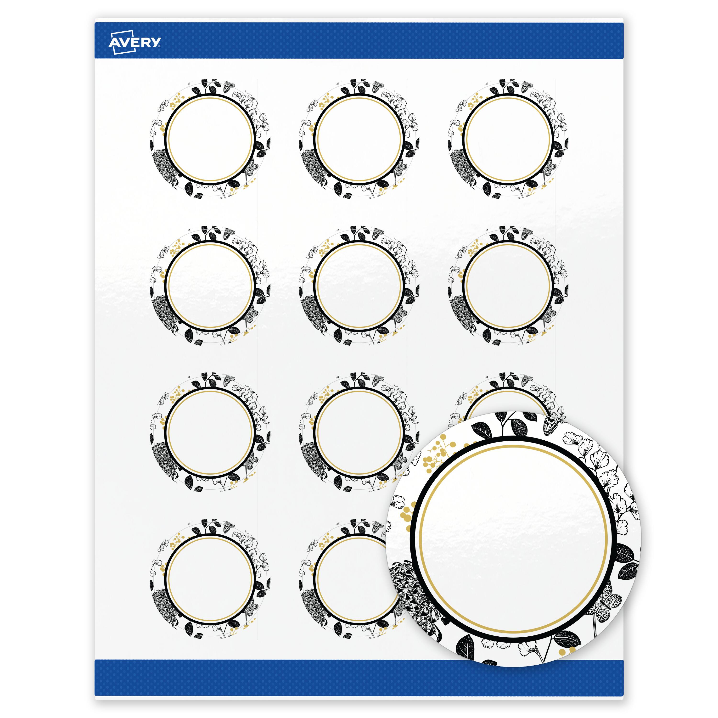 Front. Avery - Avery Labels, 2" Diameter, Glossy White, Arched Gold & Black Florals - White.