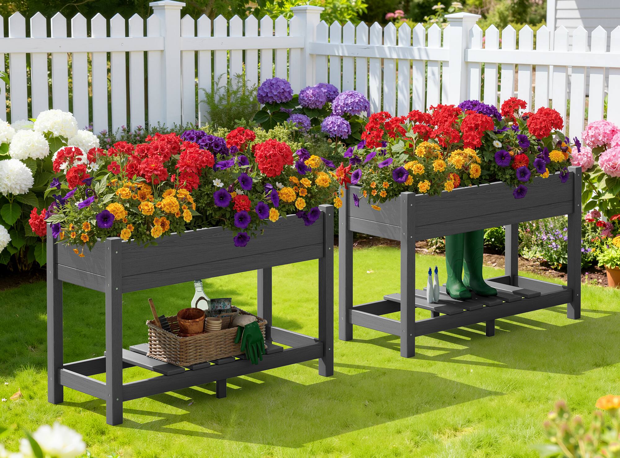 Angle. SERWALL - SERWALL Raised Garden Bed with Legs Set of 2-Gray,HDPE Elevated Planter with Storage Shelf & Drainage Holes - gray.