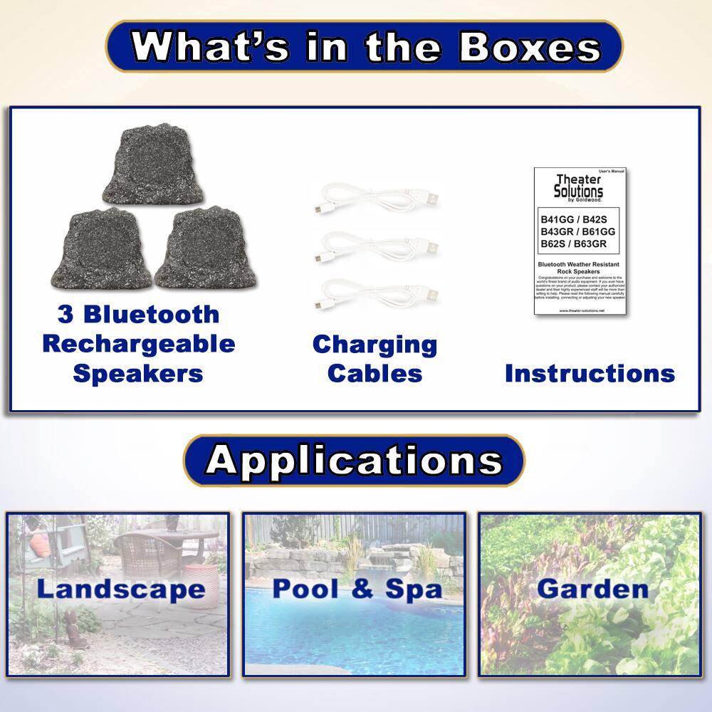 What's in the Boxes

- 3 Bluetooth Rechargeable Speakers
- Charging Cables
- Instructions

Applications

- Landscape
- Pool & Spa
- Garden

Theater Solutions  
B41GG / B42S / B43GR / B61GG / B62S / B63GR  
Bluetooth Weather Resistant Rock Speakers