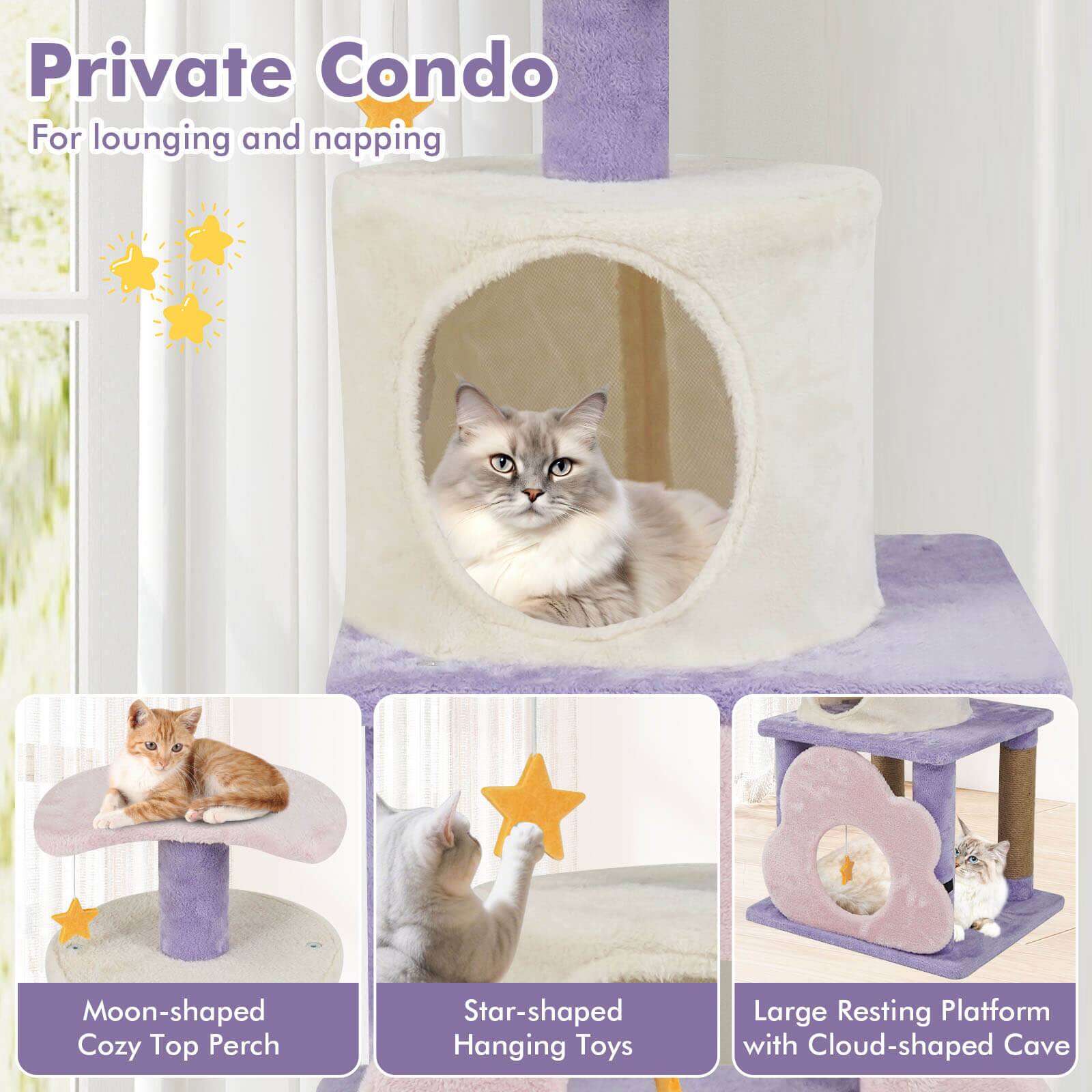 Private Condo  
For lounging and napping  

Moon-shaped Cozy Top Perch  
Star-shaped Hanging Toys  
Large Resting Platform with Cloud-shaped Cave