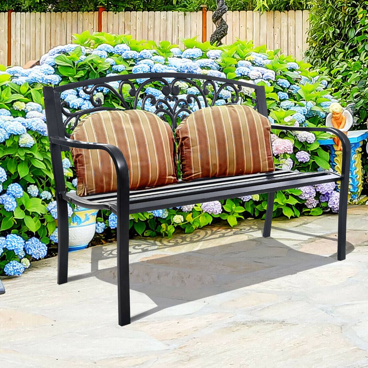Alt View 4. Costway - Costway 50" Patio Park Garden Bench Porch Chair Steel Frame Cast Iron Backrest - Black.