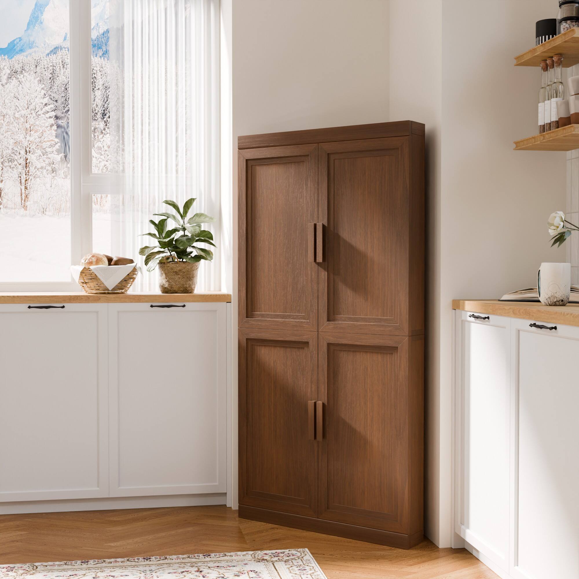 Alt View 2. PexFix - 62" Farmhouse Corner Accent Storage Cabinet with Solid Wood Doors and Adjustable Shelves for Space-Saving - Walnut.